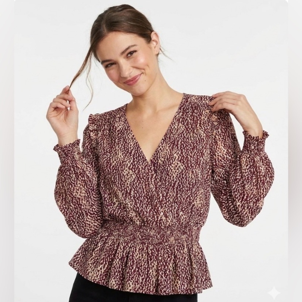 EXPRESS Women's Size L Smocked Blouse Burgundy Ruffle V-Neck - Picture 2 of 11